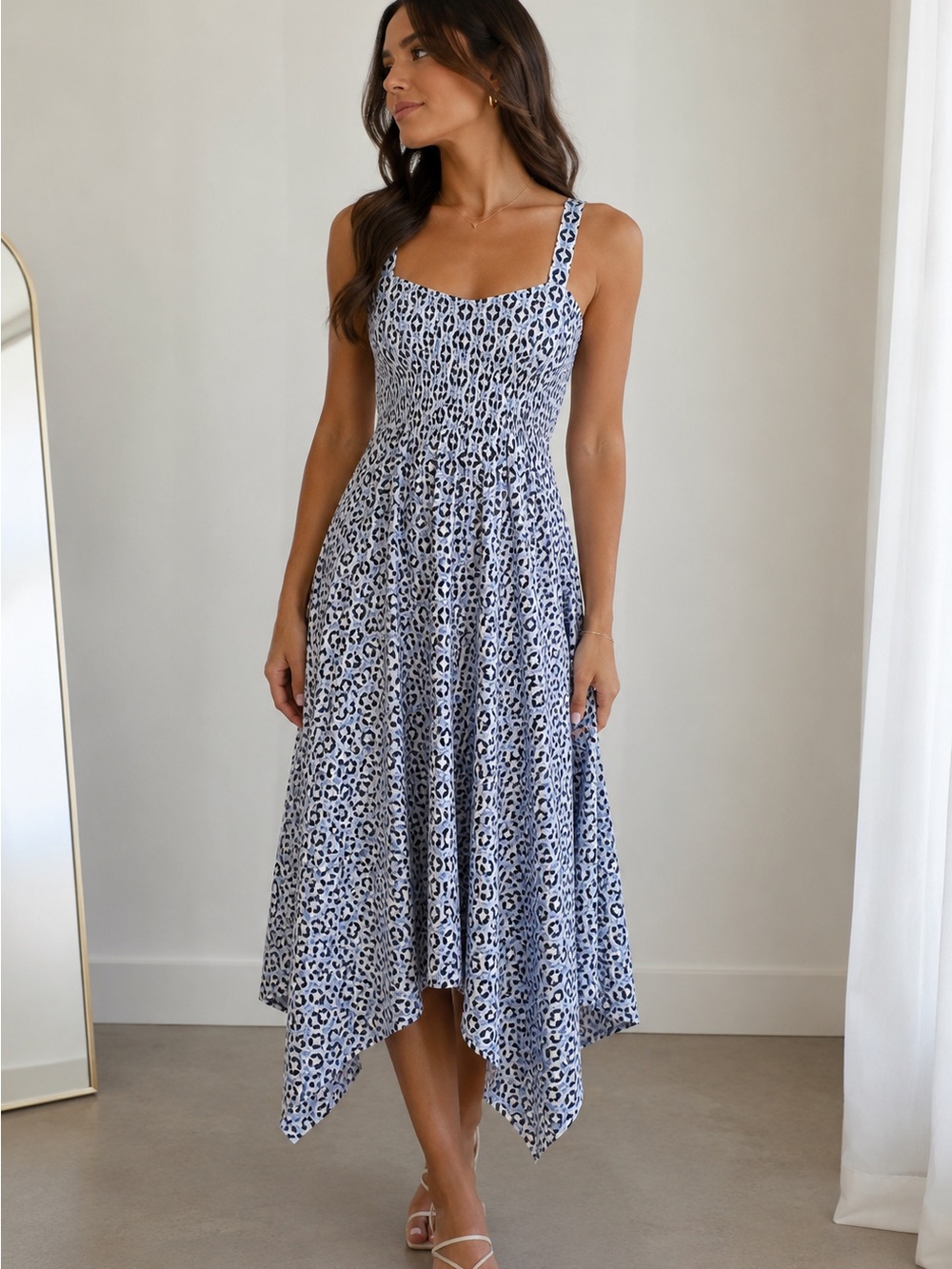 Smocked Square Neck Blue Leopard High-Low Dress